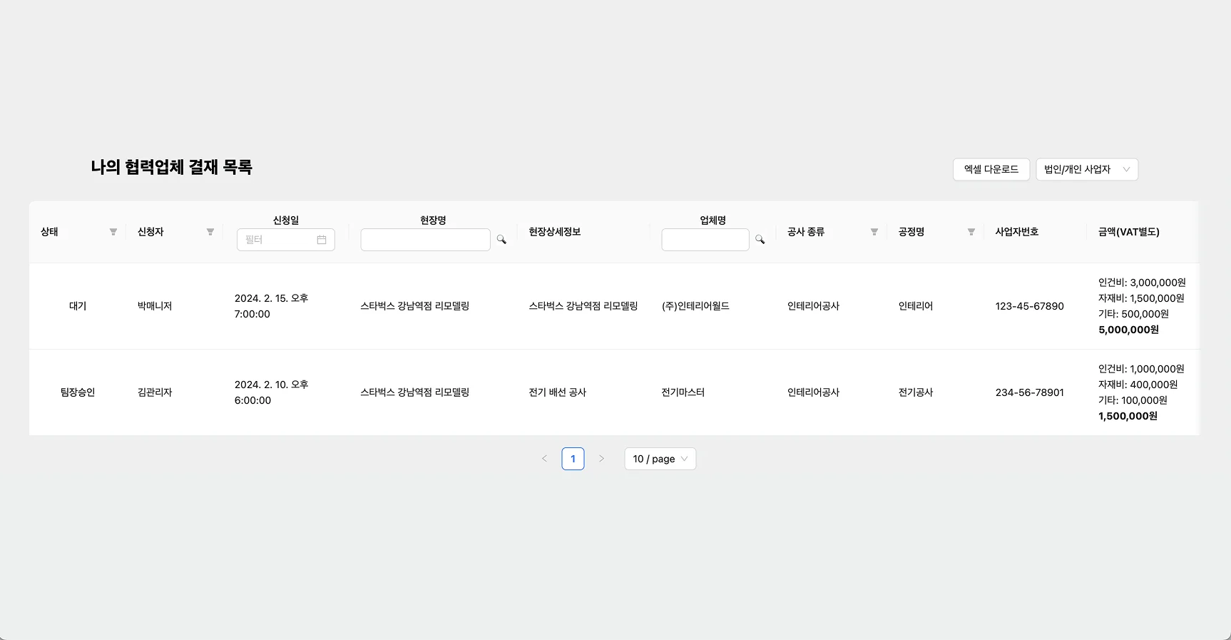 협력업체 결재 목록 - VAT 별도 금액과 상태