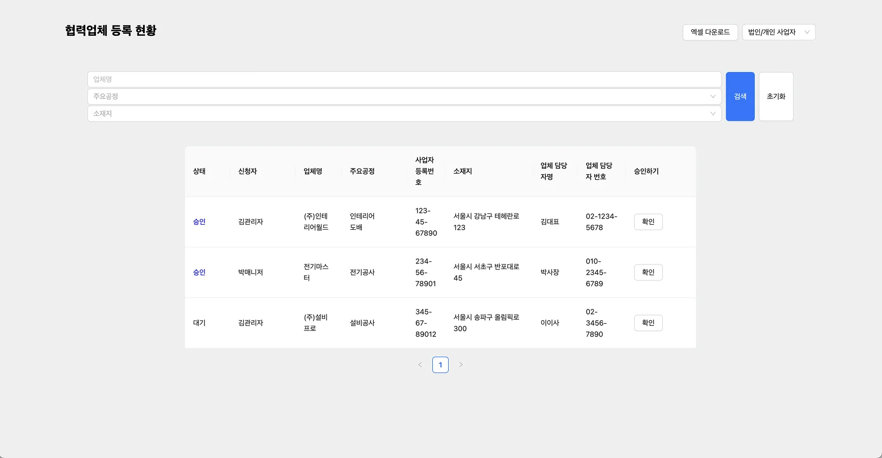 협력업체 등록 현황 - 승인 대기/완료 목록